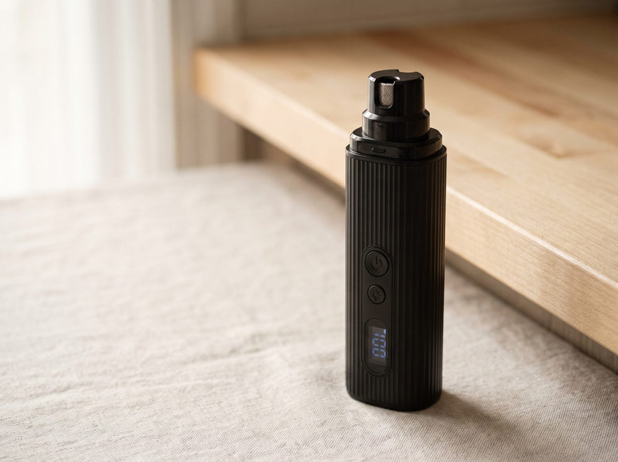 The Quiet Grinder Pro standing on a linen worktop with its ring light lit
