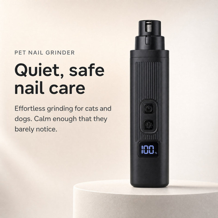 The Quiet Grinder Pro, black, with the battery readout lit